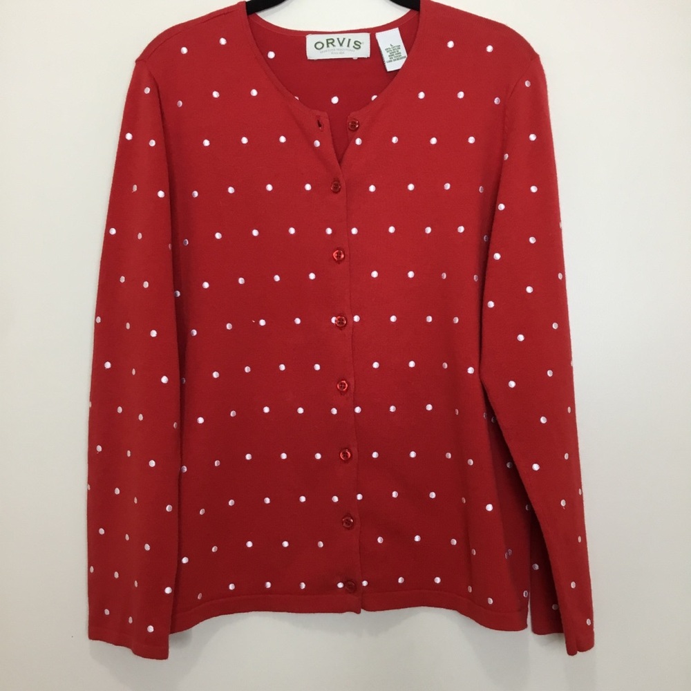 Orvis Red Cardigan Women’s White Embroidered Polka Dot Cotton Blend Size L